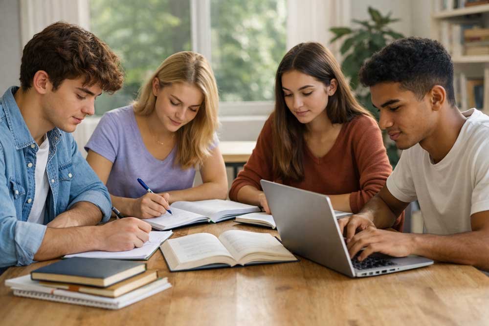 Studenti delle scuole superiori che si preparano insieme all’esame di maturità; crediti scolastici